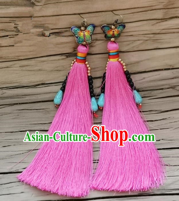 Chinese Traditional Embroidered Butterfly Earrings Yunnan National Pink Tassel Eardrop for Women