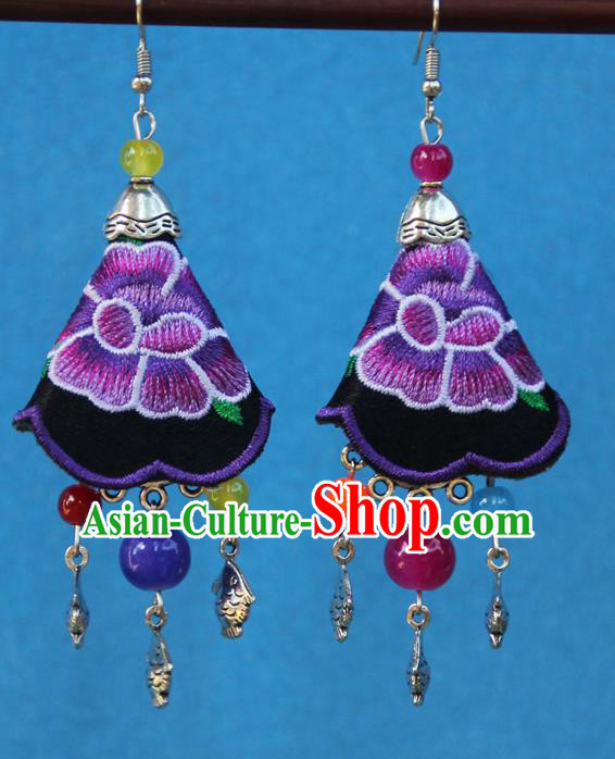 Chinese Traditional Embroidered Purple Earrings Yunnan National Minority Tassel Eardrop for Women