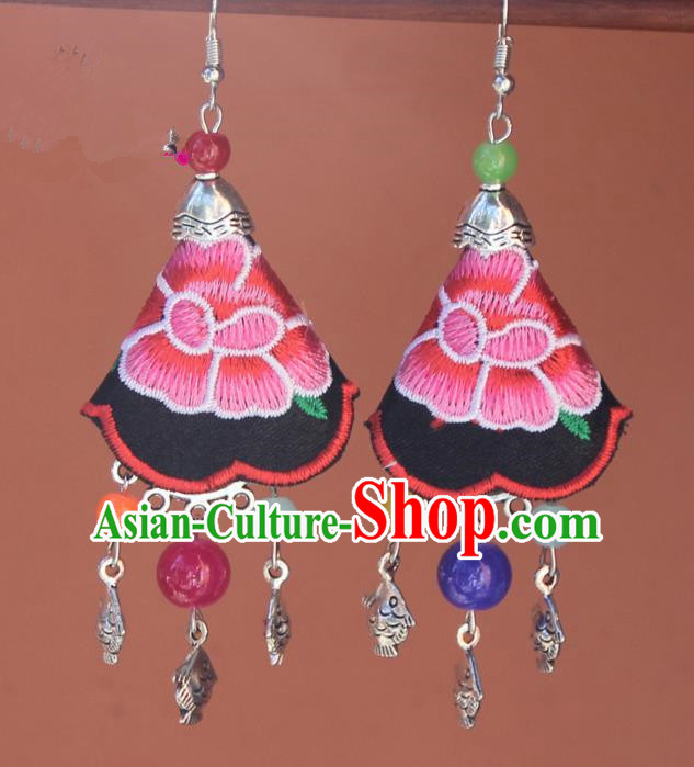 Chinese Traditional Embroidered Pink Earrings Yunnan National Minority Tassel Eardrop for Women