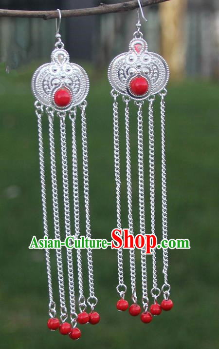 Chinese Traditional Red Beads Tassel Earrings Yunnan National Minority Eardrop for Women