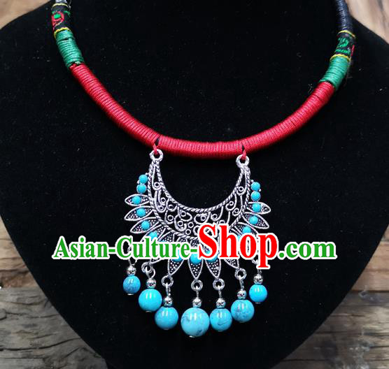 Chinese Traditional Jewelry Accessories Yunnan Minority Sliver Blue Beads Necklace for Women