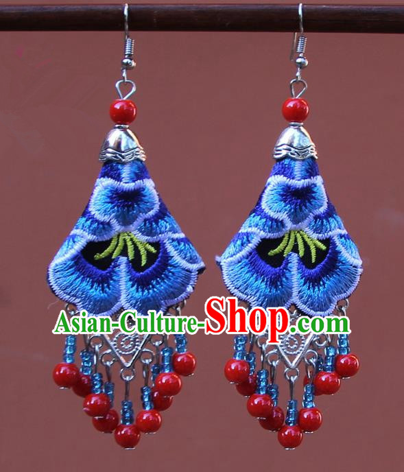 Chinese Traditional Embroidered Blue Peony Earrings Yunnan National Tassel Eardrop for Women