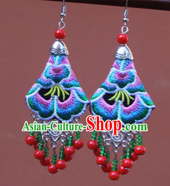 Chinese Traditional Embroidered Green Peony Earrings Yunnan National Tassel Eardrop for Women