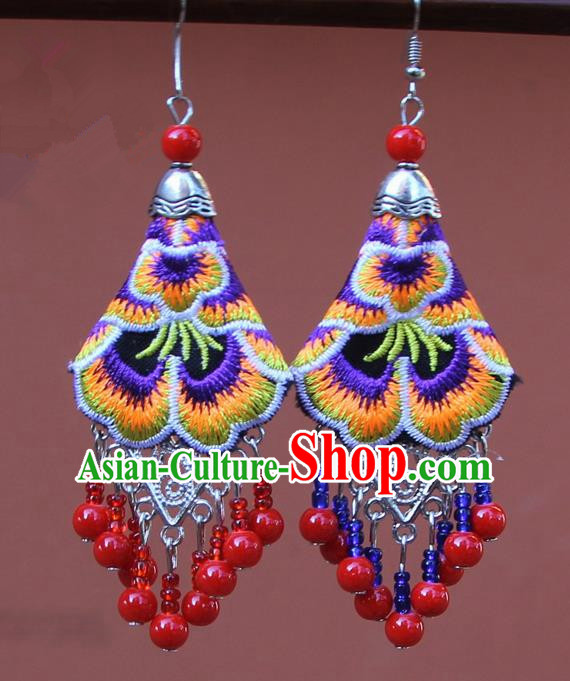 Chinese Traditional Embroidered Purple Peony Earrings Yunnan National Tassel Eardrop for Women