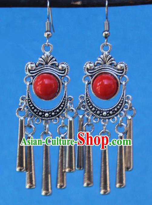 Chinese Traditional Sliver Red Earrings Yunnan National Minority Tassel Eardrop for Women