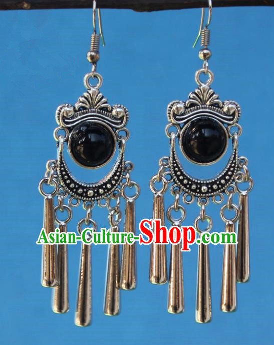 Chinese Traditional Sliver Black Earrings Yunnan National Minority Tassel Eardrop for Women