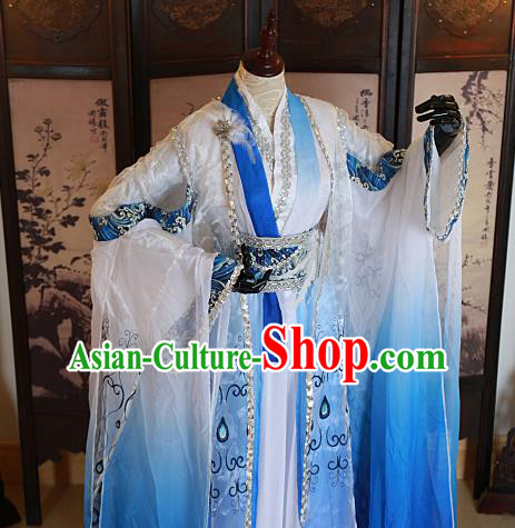 Chinese Traditional Ancient Swordsman Blue Costumes for Men