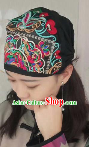 Chinese Traditional Embroidered Black Headscarf Yunnan Dai Minority Hat for Women