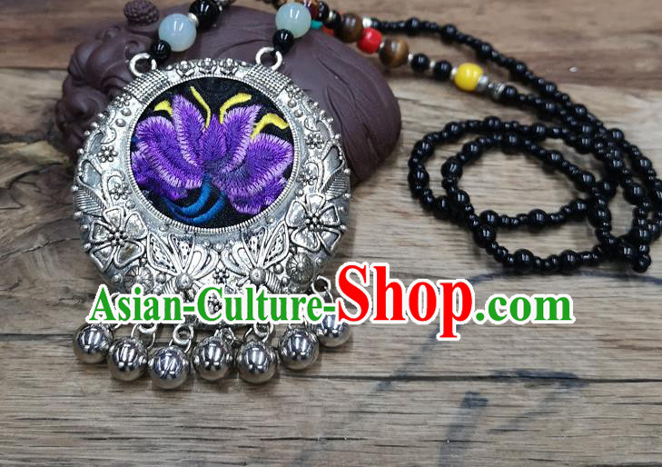 Chinese Traditional Jewelry Accessories Yunnan Miao Minority Embroidered Purple Lotus Necklace for Women