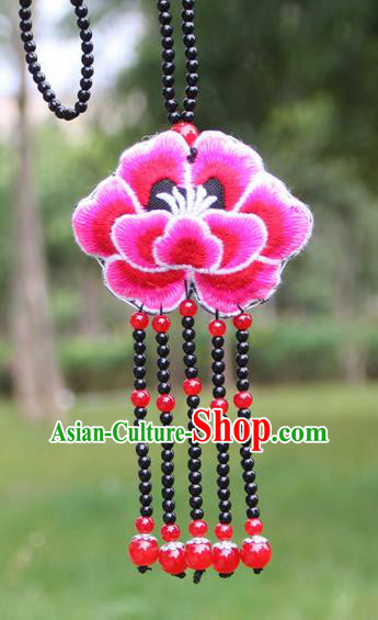 Chinese Traditional Jewelry Accessories Yunnan Minority Embroidered Rosy Peony Tassel Necklace for Women