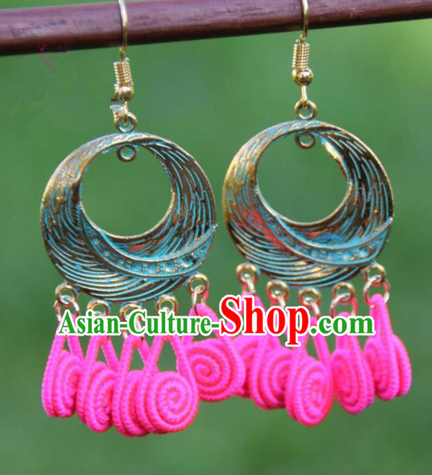 Chinese Traditional Brass Earrings Yunnan National Minority Rosy Tassel Eardrop for Women