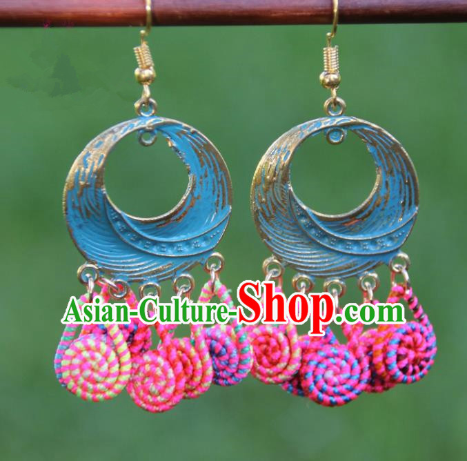 Chinese Traditional Brass Earrings Yunnan National Minority Colorful Tassel Eardrop for Women