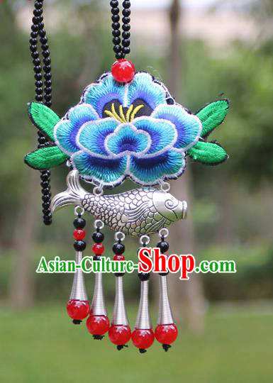 Chinese Traditional Accessories Yunnan Minority Embroidered Blue Peony Sliver Fish Necklace for Women