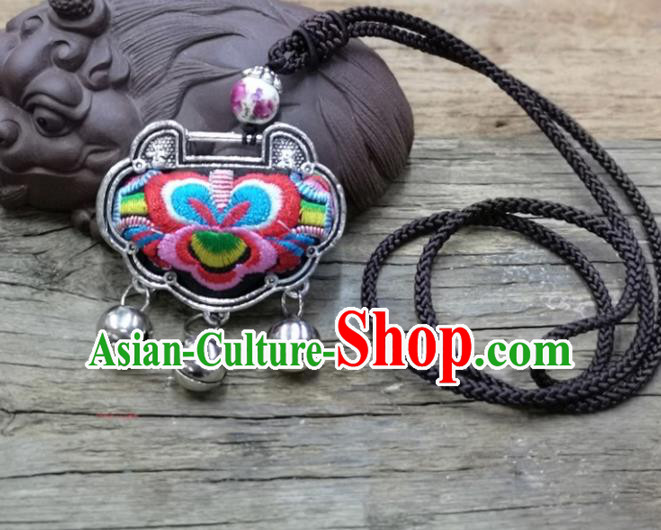 Chinese Traditional Accessories Yunnan Minority Necklace Embroidered Purple Flowers Longevity Lock for Women