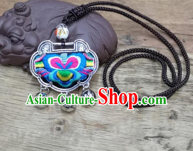 Chinese Traditional Accessories Yunnan Minority Necklace Embroidered Blue Butterfly Longevity Lock for Women