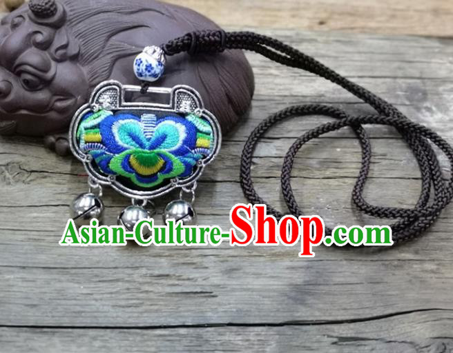 Chinese Traditional Accessories Yunnan Minority Necklace Embroidered Royalblue Butterfly Longevity Lock for Women