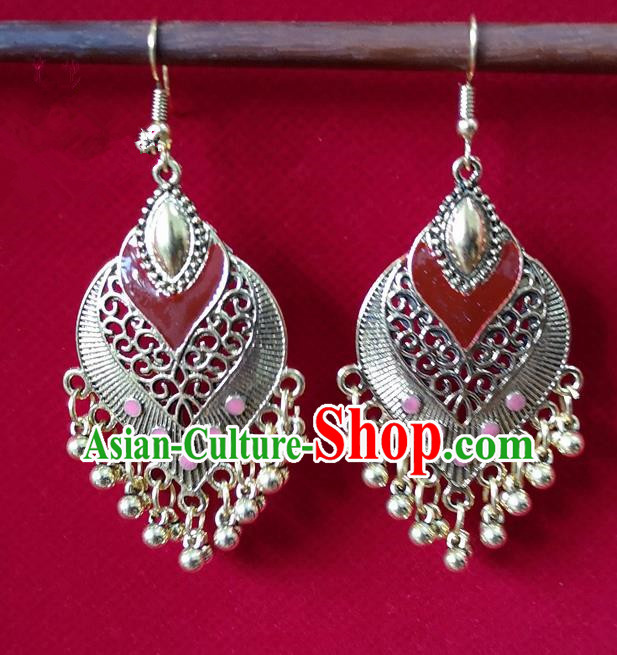 Chinese Traditional Bells Tassel Earrings Yunnan National Minority Pink Inlay Ear Accessories for Women
