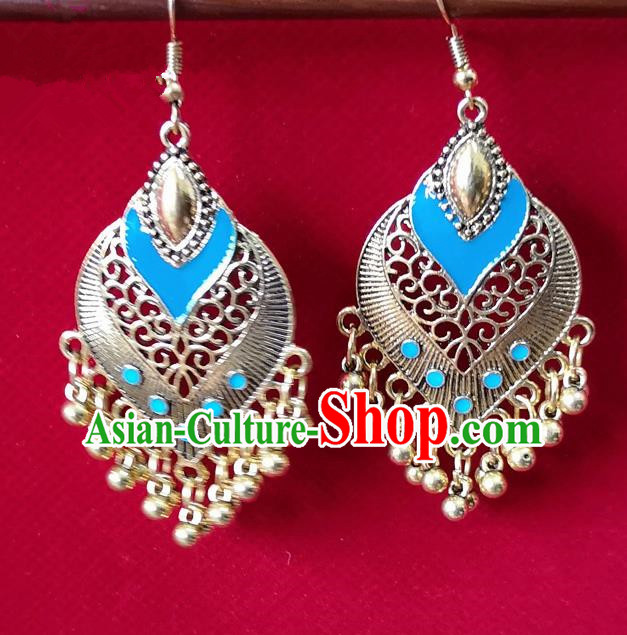 Chinese Traditional Bells Tassel Earrings Yunnan National Minority Light Blue Inlay Ear Accessories for Women