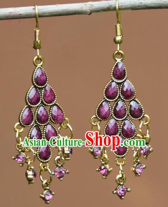 Chinese Traditional Purple Crystal Earrings Yunnan National Minority Ear Accessories for Women