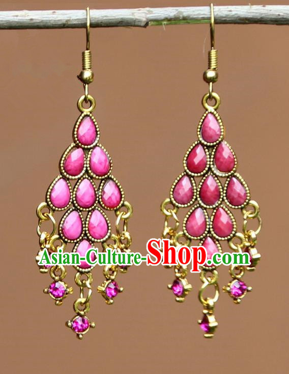 Chinese Traditional Pink Crystal Earrings Yunnan National Minority Ear Accessories for Women