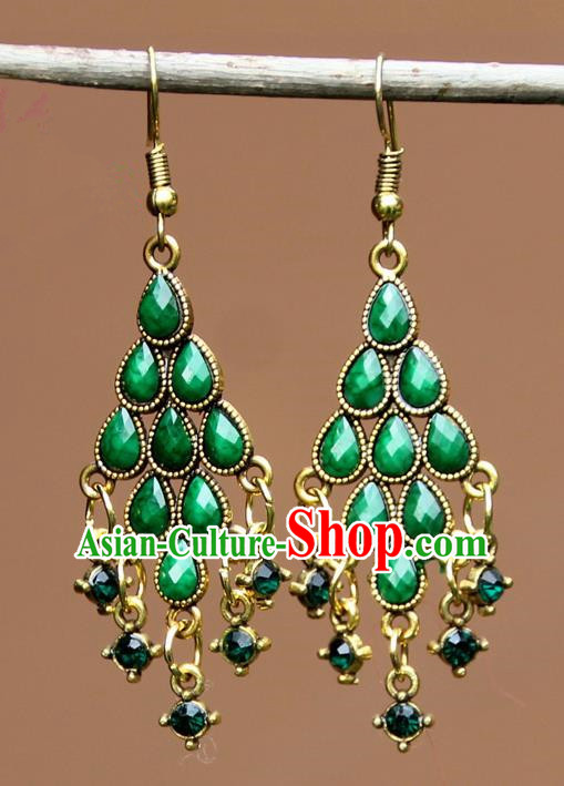 Chinese Traditional Green Crystal Earrings Yunnan National Minority Ear Accessories for Women