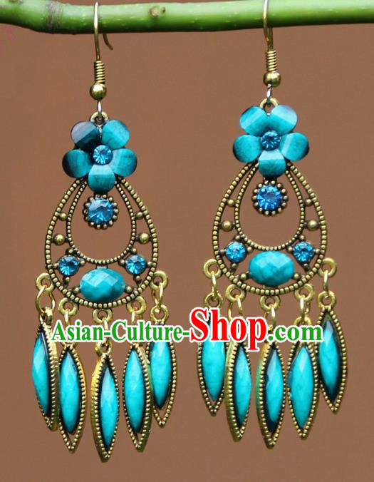 Chinese Traditional Blue Flower Earrings Yunnan National Minority Ear Accessories for Women