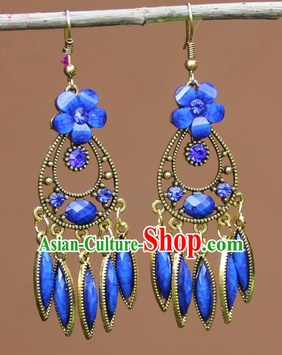 Chinese Traditional Royalblue Flower Earrings Yunnan National Minority Ear Accessories for Women