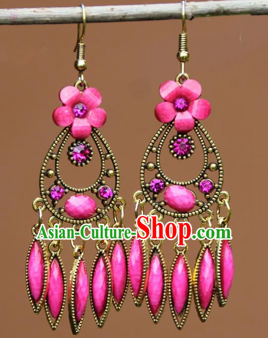 Chinese Traditional Pink Flower Earrings Yunnan National Minority Ear Accessories for Women