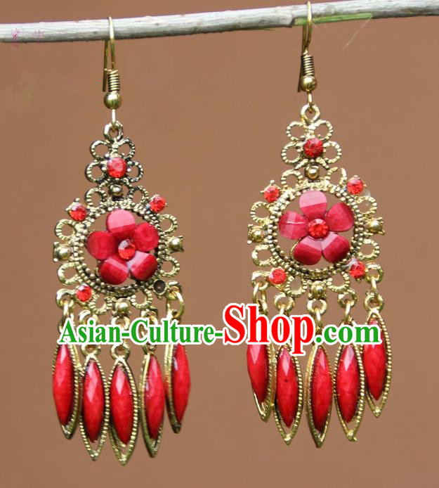 Chinese Traditional Red Flower Tassel Earrings Yunnan National Minority Ear Accessories for Women