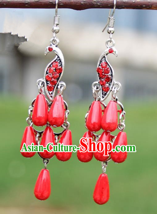 Chinese Traditional Red Peacock Tassel Earrings Yunnan National Minority Ear Accessories for Women