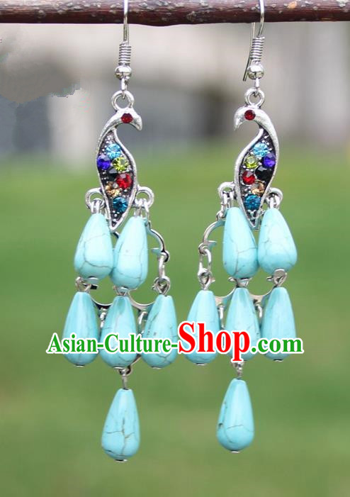 Chinese Traditional Light Blue Peacock Tassel Earrings Yunnan National Minority Ear Accessories for Women