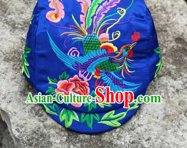 Chinese Traditional Embroidered Phoenix Peony Yunnan Dai Minority Royalblue Cap for Women