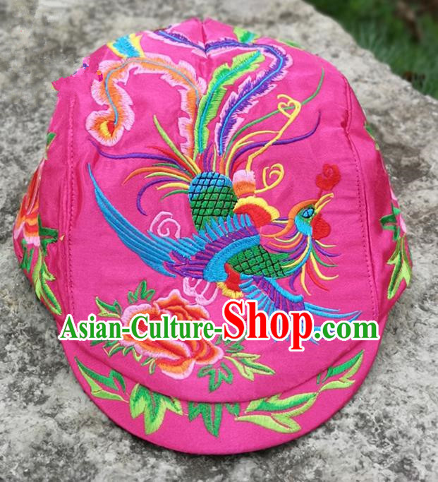 Chinese Traditional Embroidered Phoenix Peony Yunnan Dai Minority Pink Cap for Women