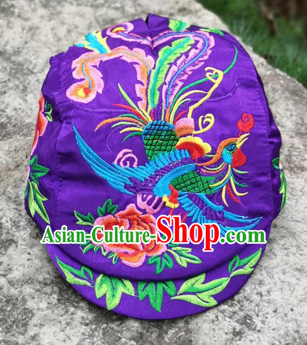 Chinese Traditional Embroidered Phoenix Peony Yunnan Dai Minority Purple Cap for Women