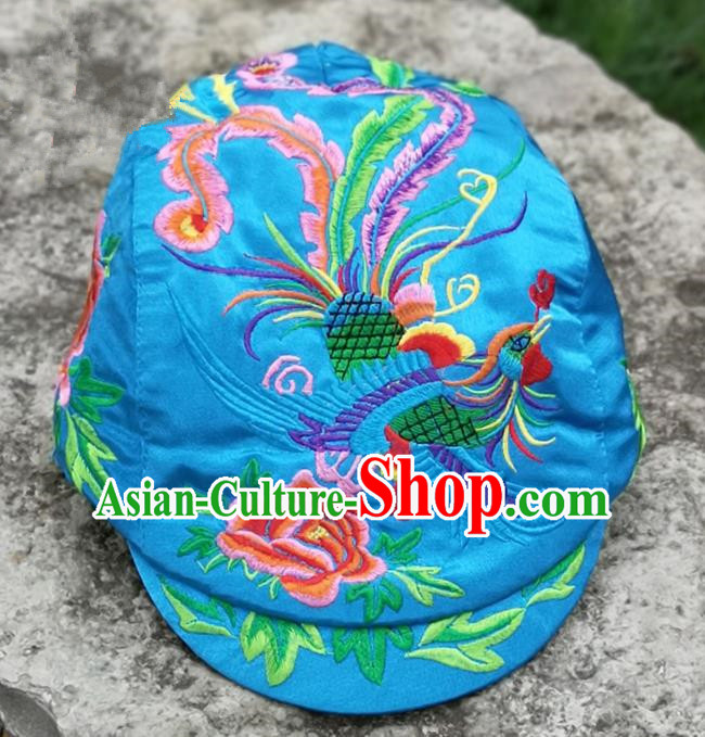 Chinese Traditional Embroidered Phoenix Peony Yunnan Dai Minority Blue Cap for Women