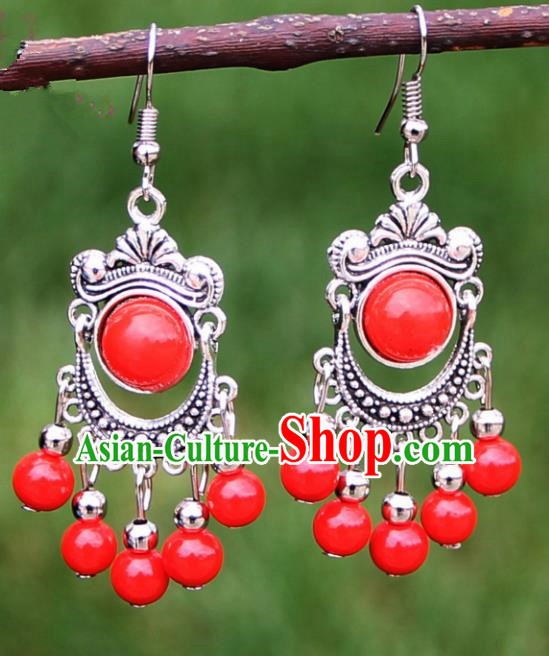 Chinese Traditional Red Beads Tassel Earrings Yunnan National Minority Ear Accessories for Women