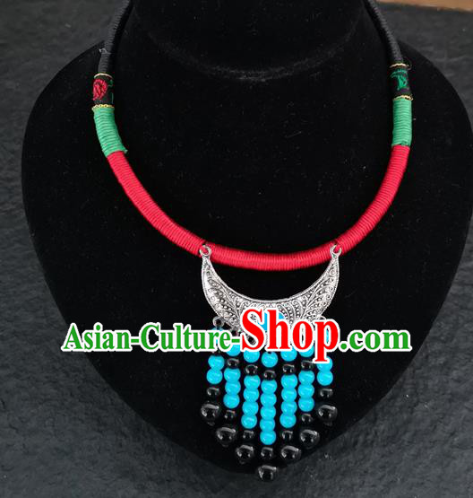 Chinese Traditional Accessories Yunnan Minority Blue Beads Tassel Necklace for Women