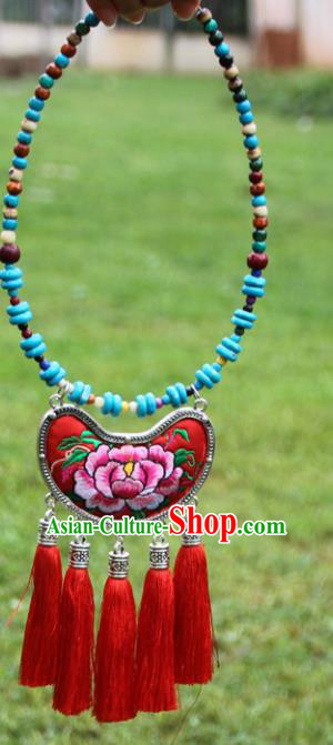 Chinese Traditional Accessories Yunnan Minority Embroidered Peony Red Necklace for Women