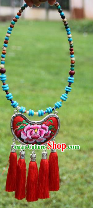 Chinese Traditional Accessories Yunnan Minority Embroidered Peony Red Necklace for Women