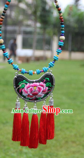 Chinese Traditional Accessories Yunnan Minority Embroidered Peony Black Necklace for Women