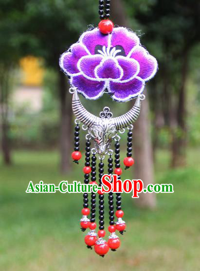 Chinese Traditional Accessories Yunnan Minority Embroidered Purple Peony Sliver Ox Horn Necklace for Women