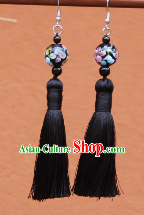 Chinese Traditional Black Tassel Earrings Yunnan National Minority Colored Glaze Eardrop for Women