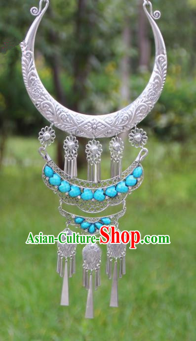 Chinese Traditional Ethnic Accessories Yunnan Miao Minority Exaggerated Blue Necklace for Women