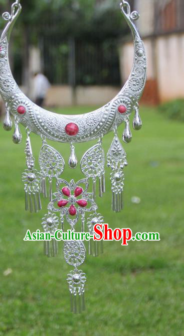 Chinese Traditional Ethnic Accessories Yunnan Miao Minority Rosy Sliver Necklace for Women