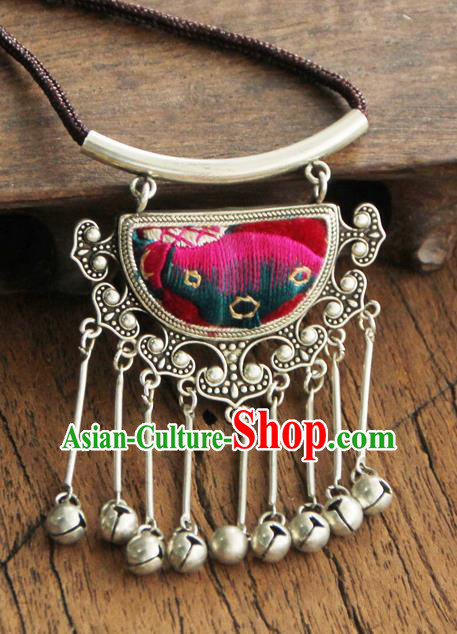 Chinese Traditional Yunnan Miao Minority Necklace Ethnic Bells Tassel Embroidered Accessories for Women