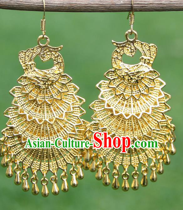 Chinese Traditional Ethnic Golden Peacock Earrings Yunnan National Ear Accessories for Women