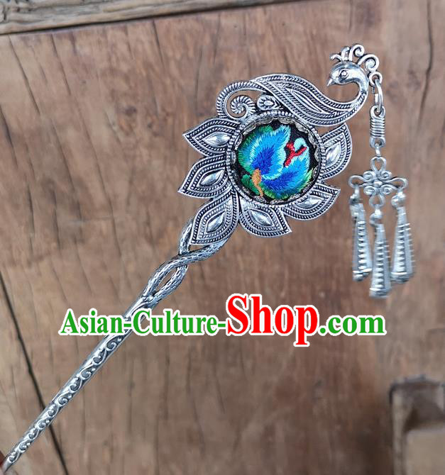 Chinese Traditional Ethnic Hair Accessories Ancient Blue Embroidered Peacock Hairpins for Women