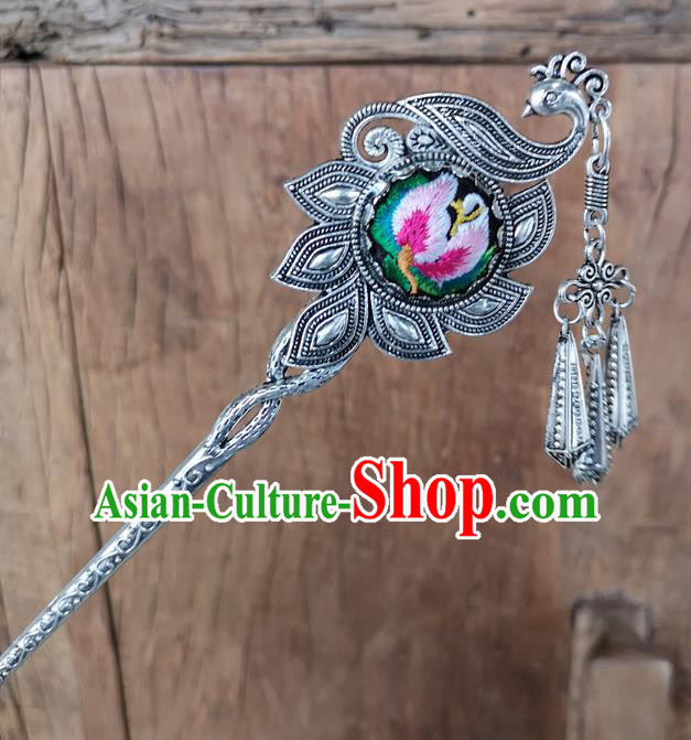 Chinese Traditional Ethnic Hair Accessories Ancient Pink Embroidered Peacock Hairpins for Women