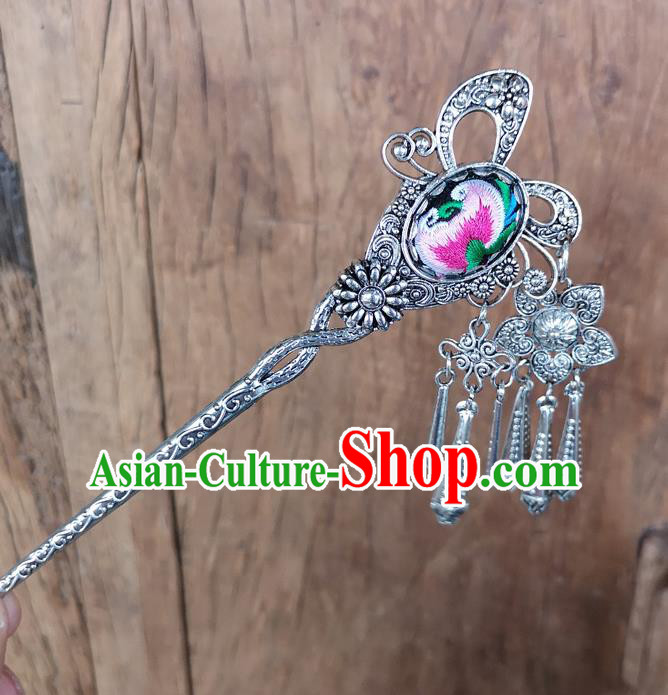 Chinese Traditional Ethnic Hair Accessories Ancient Pink Embroidered Butterfly Hairpins for Women