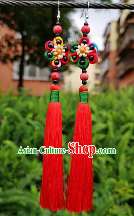 Chinese Traditional Ethnic Earrings Yunnan National Red Tassel Ear Accessories for Women